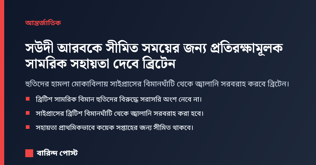 সউদী আরবকে সীমিত সময়ের জন্য প্রতিরক্ষামূলক সামরিক সহায়তা দেবে ব্রিটেন